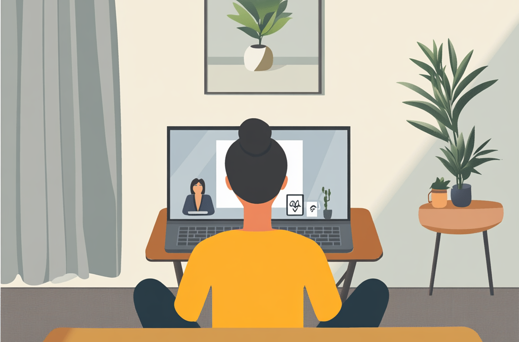 Woman sitting in on a telehealth appointment on her couch with therapist